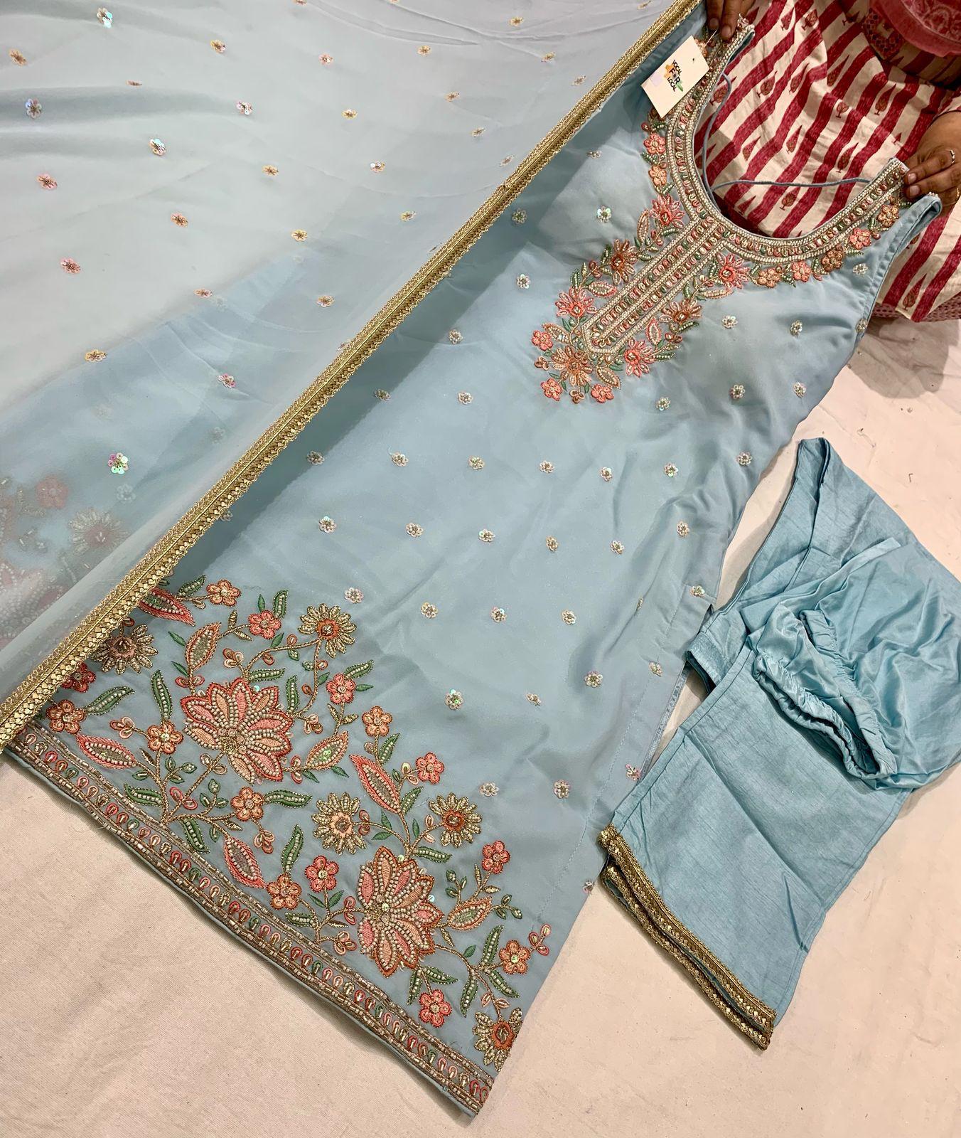 Intricate Handwork Pant Suit with Lycra Leggings & Chinon Dupatta