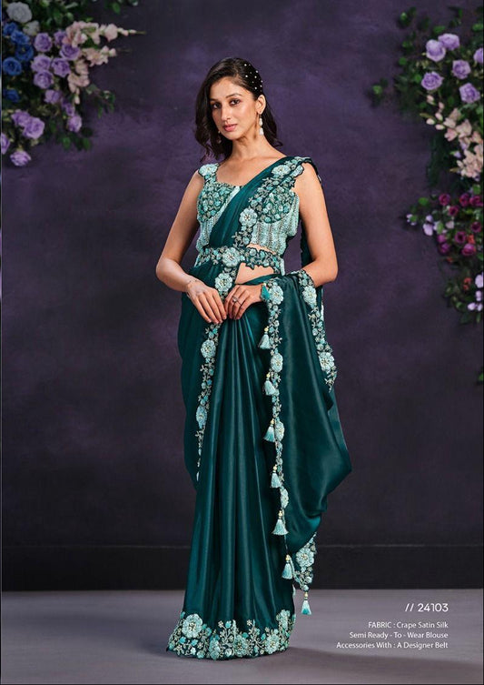 Crepe Satin Silk Designer Saree Set
