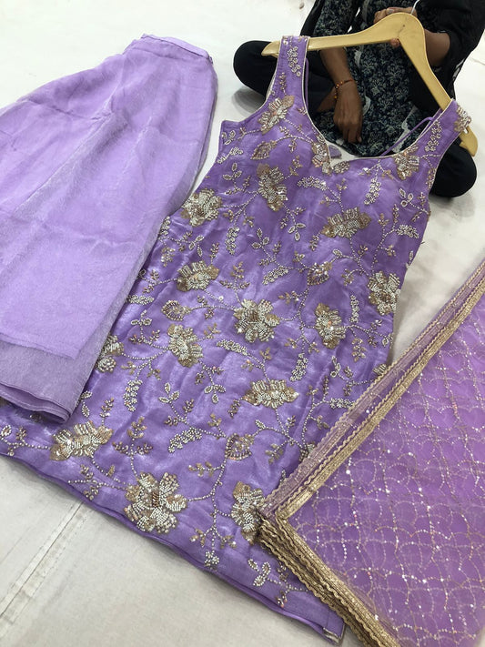 Hand Work Beads Red Palazzo Suit with Net Dupatta